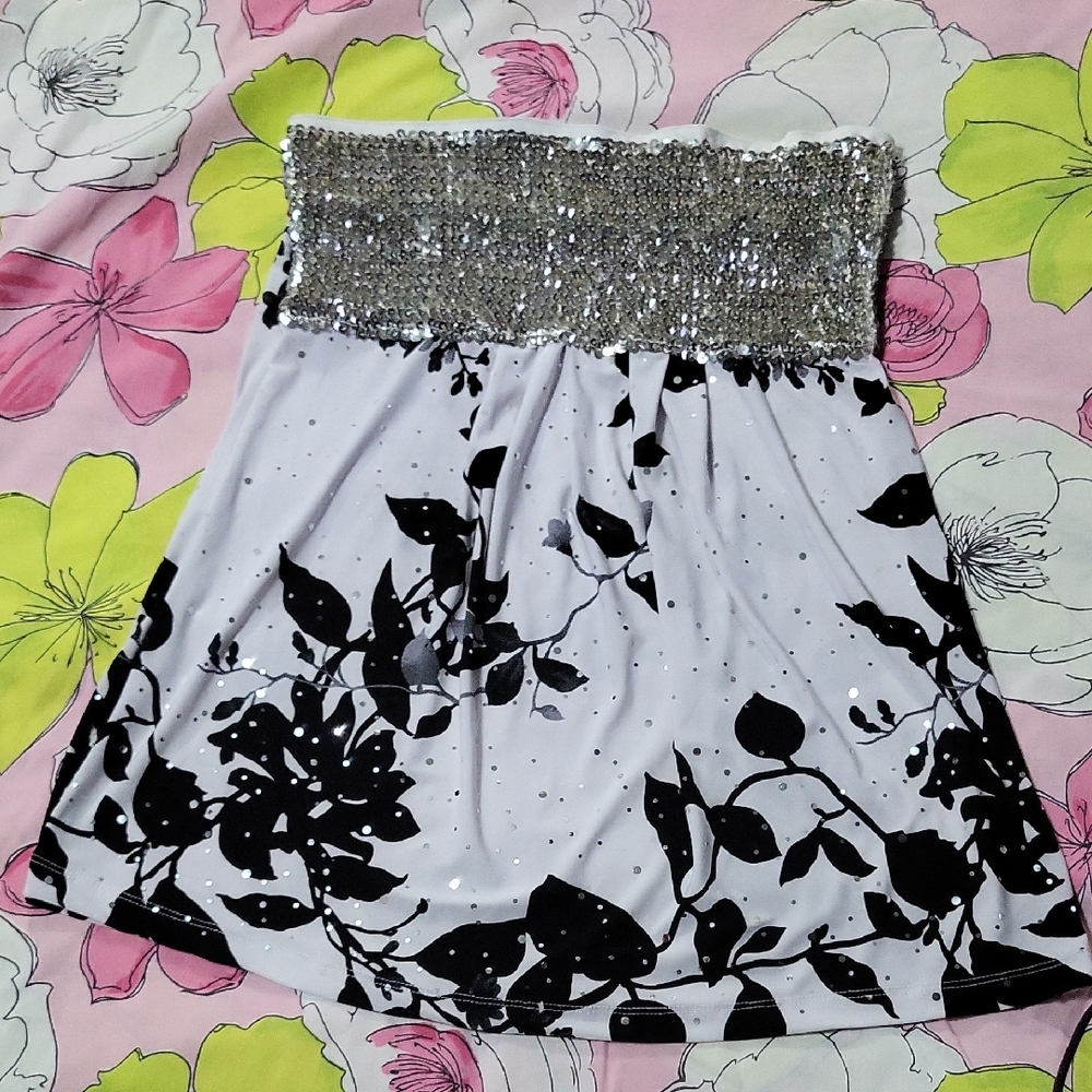 Charlotte Russe Black and White Floral Blouse with Silver Sequin Detail